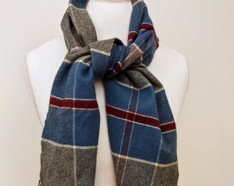 Vintage 1960s, Cashmere Wool Blend, Tartan Plaid Scarf. Blue, Gray & Dark Red. Beautiful classic scarf from Scotland. Super soft and warm.