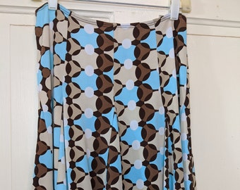 Vintage 1970s Jody California, Mod, Below the Knee, Godet Skirt. Sky Blue, Brown and Beige, Geometric Pop Art, Flared Skirt. Medium.