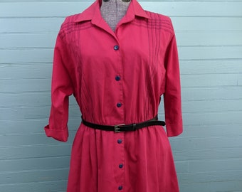 Vintage 1970s Petites by Willi, Magenta Shirt Dress w/ Elastic Waist, Navy Button Down Front and Matching Navy Decorative Stitching.