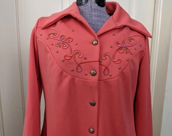 Vintage 1960s Western Style, Orange Double Knit Shirt with Wing Collar, Brass Buttons and Decorative Brass Beads and Stitching.