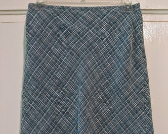 Vintage 1990s Ann Taylor LOFT, Turquoise and White Woven Tweed A-Line Skirt with Side Zipper.