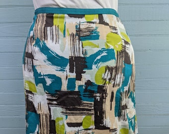 Vintage Liz Claiborne cute abstract turquoise, dark brown, bright green and beige soft pleated midi skirt. Fall colors.