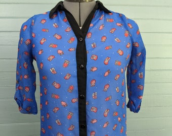 Vintage Speechless Sky Blue Sheer Blouse with Little Owls. Black Collar with Full Length Black Placket and buttons.