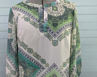 Vintage Adiva Sheer Boho Tunic Top, pale greens and sea glass blue on white background, Indian style design