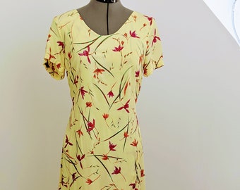 Vintage 1980s, Tropical Attitudes Hawaii, Yellow Floral Maxi Dress with Open Wrap Front, Rayon Crepe, Size Medium.