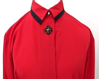 Vintage 1970s, Lykette Blouse, Bright Red with Black Accent Trim on Collar & Single Cuffs, Hidden Button Placket with Beaded Embellishment.