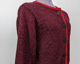 Vintage 1960s. Kerry Traditions, Dark Burgundy Tweed, Hand Knit Cardigan with Ruby Red Trim around collar & front. Medium. Made in Ireland.