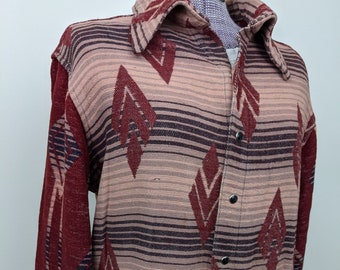 Vintage 1970s, Rare, Navaho Blanket Shirt, Heavy Duty Fabric, 6 Black Snap Closures Down Front, Snap Cuffs. Size Medium.