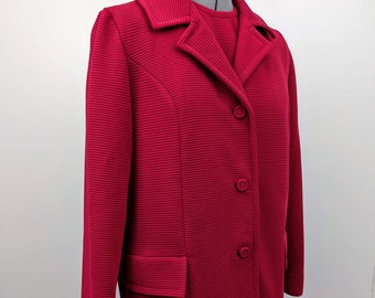 Vintage 1960s, Betty Rose, 3-Piece Red Ribbed, Wool Suit. Short Sleeved Top, Pencil Skirt and Long Jacket Blazer, Christmas Suit, Hockanum.