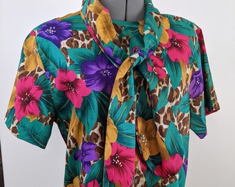 Vintage 1980s, Bechamel, Bright Colored Big Tropical Floral, Short Sleeved Boxy Blouse. Matching Wide Tie. Purple, Turquoise, Gold & Pink.