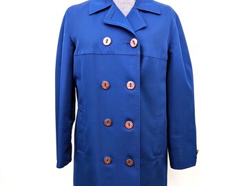 Vintage 1970s, Forecaster of Boston, All Weather Double-Breasted Coat, Royal Navy with Large Buttons. Knee Length Trench. Mock Belt. Sz 12.