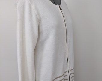 Vintage 1990s, Ivory White Knit Zip Up Cardigan, Beige Stripes on Sleeves and Bottom Hem. Brass Zipper. 100% Cotton, Made in United Kingdom.