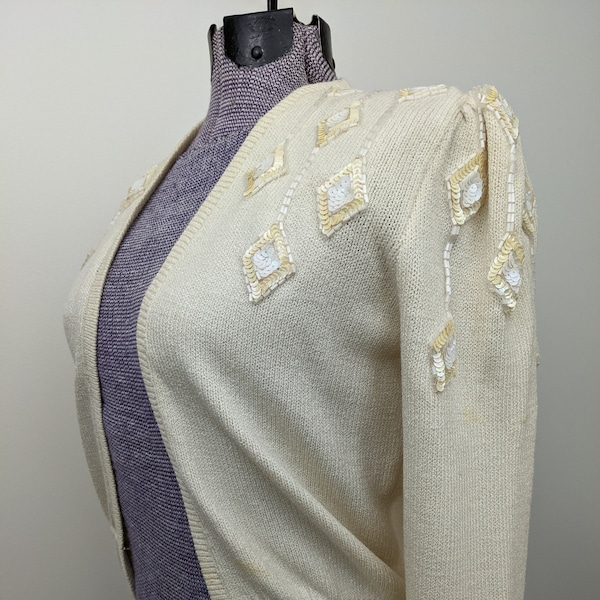 Vintage 1970s, St. John by Marie Gray, White Ivory, Open Front Cardigan Sweater. Santana Knit Evening Wear. Crystal Glass Beads & Sequins.