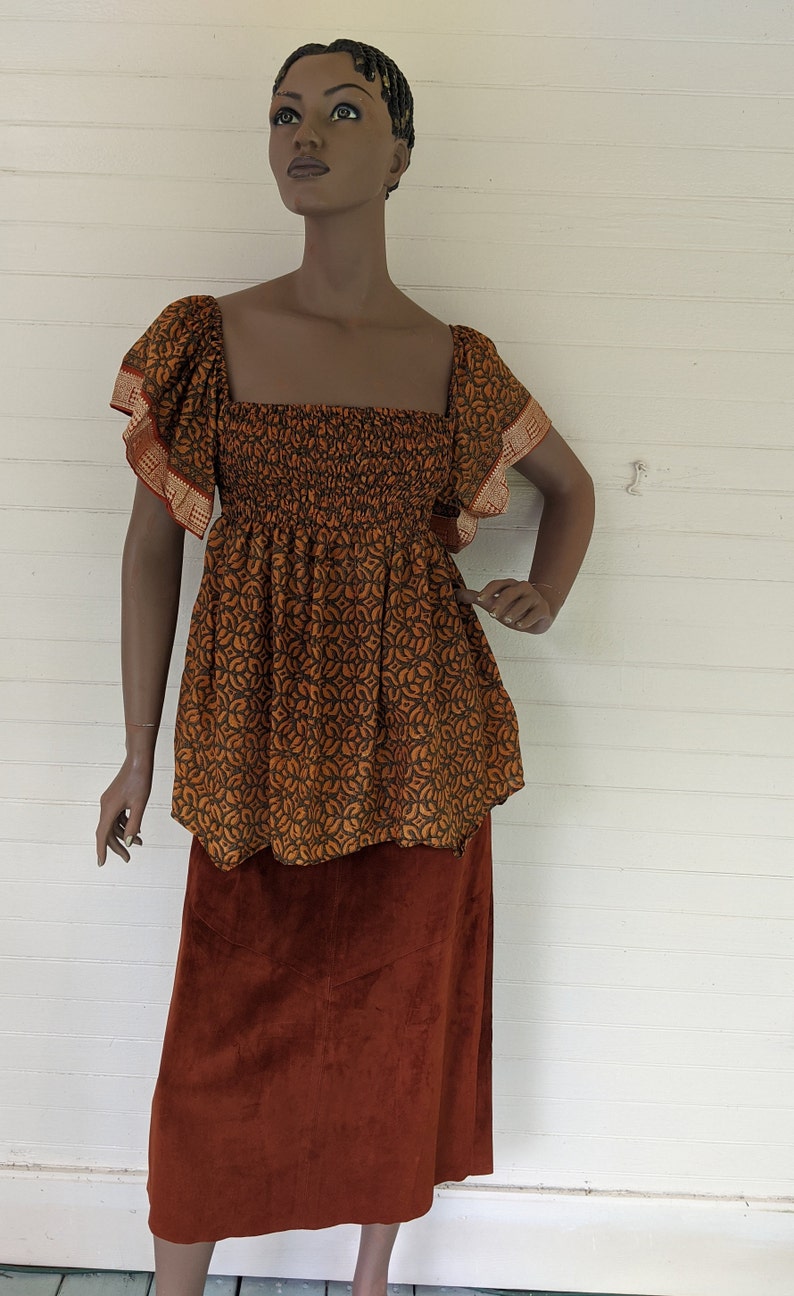 Boho Vintage Midnight Sun Ethnic Silk Blouse or Mini Dress. Puffy Sleeves Off the Shoulder