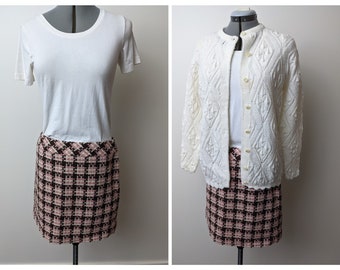 Vintage 1990s, LOFT Ann Taylor, Pink, Brown & White Houndstooth, Wool Blend, Mini Skirt,  Lined, Side Zipper, Size 10P.