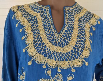 Vintage 1970s Sky Blue Moroccan Kaftan with exquisite Gold metallic applique, long sleeved