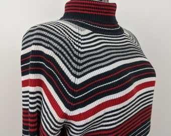 Vintage 1960s-70s St. Johns Bay, Black, Red and White, Bold Striped Ribbed Turtleneck. 100 % Cotton. Made in Japan.