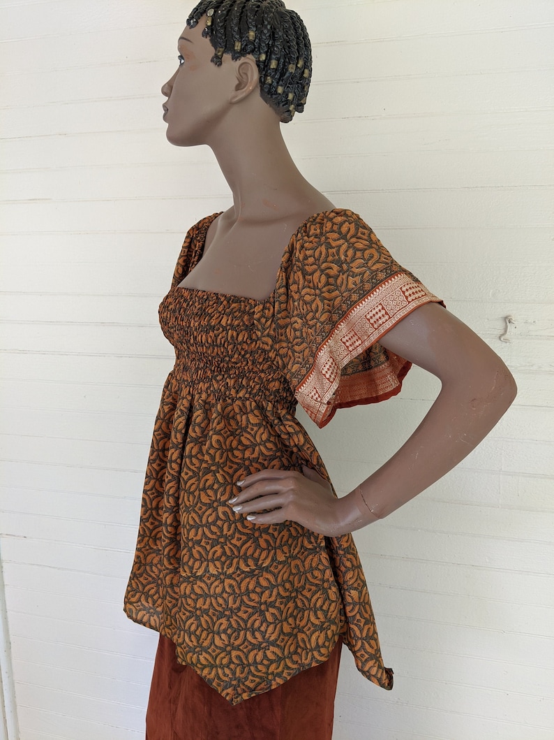 Boho Vintage Midnight Sun Ethnic Silk Blouse or Mini Dress. Puffy Sleeves Off the Shoulder