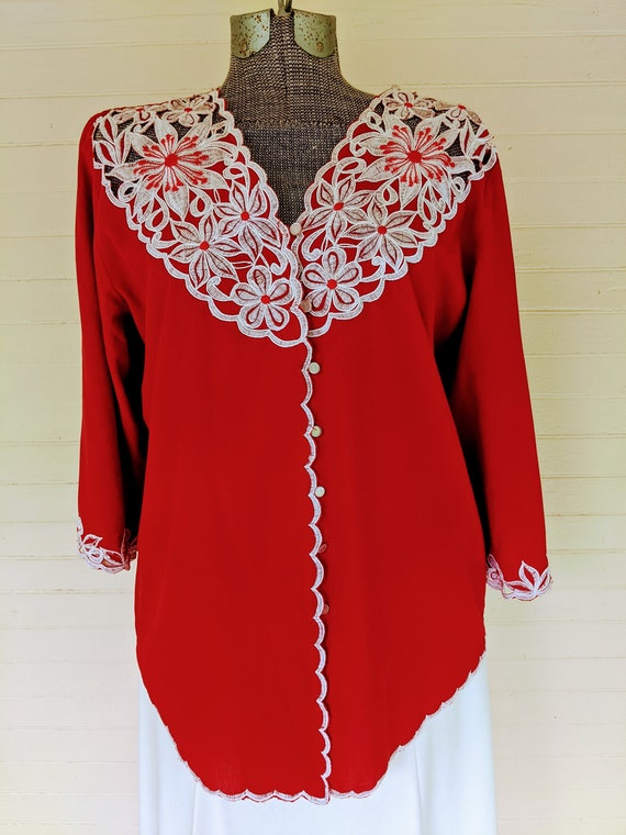 Vintage 1970s Cardinal Red, V Neck, Button Down, … - image 1