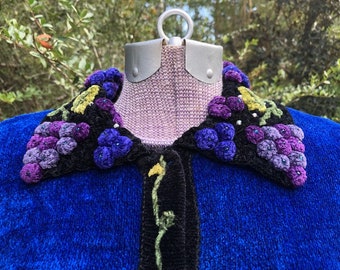 Vintage 1990s Sweater, Sapphire Blue, Soft Velour Cardigan, Hand Embroidered Grape Clusters and Leaves.