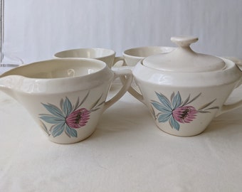 Vintage 1960s, Steubenville Pottery, Fairlane Floral Design, Creamer & Covered Sugar Set and 2 Tea/Coffee Cups. Classic Mid Century Modern.
