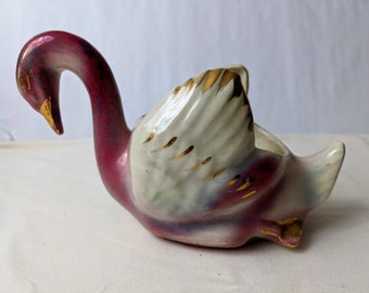 Vintage 1950s,  Iridescent Pink Swan Planter. Pearlescent Ceramic Glaze with 22K Hand Painted Gold Trim.  Mid Century USA Pottery. 9" long.