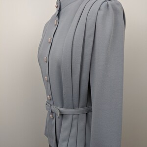 Vintage 1970s Leslie Fay Petites, Wool Blend Knit Jacket with Belt, Pale Steel Blue Gray. Mandarin Collar with Tuxedo Pleat Front & Back. image 7