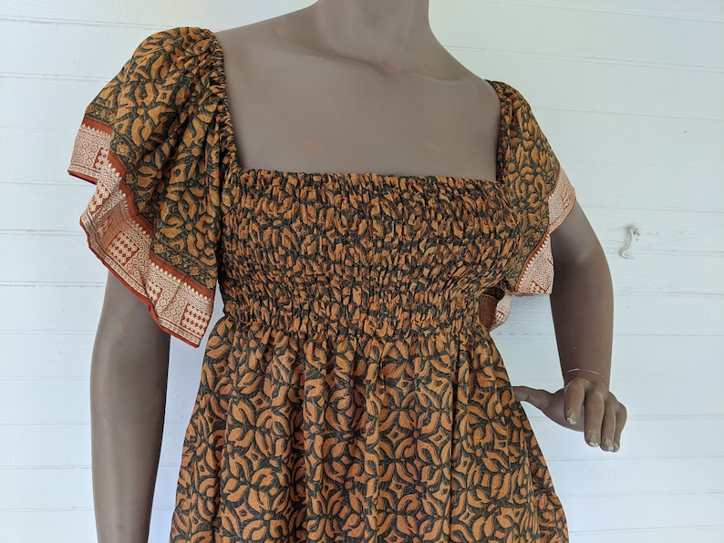 Boho Vintage Midnight Sun Ethnic Silk Blouse or Mini Dress. Puffy Sleeves Off the Shoulder