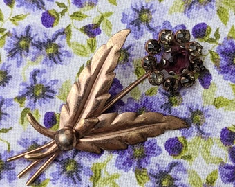 Vintage 1940s, Faux Amethyst, Purple Glass Flower Pin Brooch with Copper Gold Leaves. 2 1/2 " long, 1 1/4" wide. Marked 1/20 of 12 K Gold.