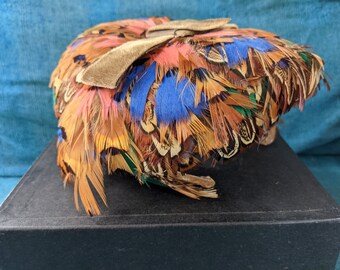 Vintage 1940s, Wesco, Calot Style Hat w/ Pheasant Feathers and Velvet Ribbon. Colorful Piece of Wearable Art. Variety of Feathers & Colors.