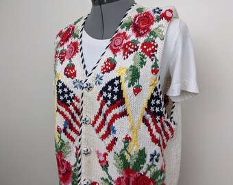 Vintage 1980s, Belle Pointe, Cotton Rayon Knit, Patriotic Vest, Floral Buttons. Bulky Knit Sweater Vest. Colorful Summer Theme. Size Large.