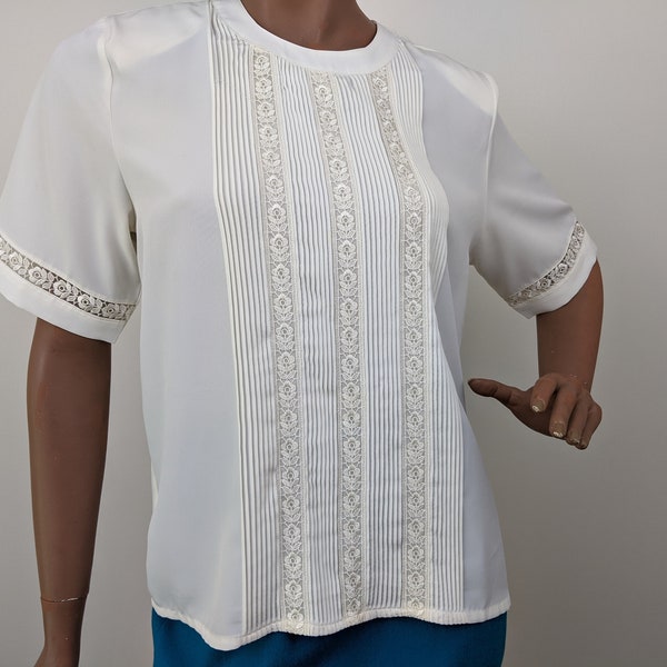 Vintage 1980s Yves St. Clair Petites, Ivory Short Sleeved Silky Formal Blouse, Soft Pleats with Lace on Bodice and Sleeve.