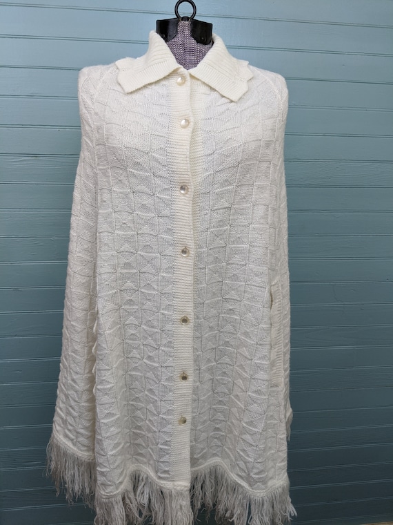 Vintage 1960s White, Knit Cape Shawl with Buttons 