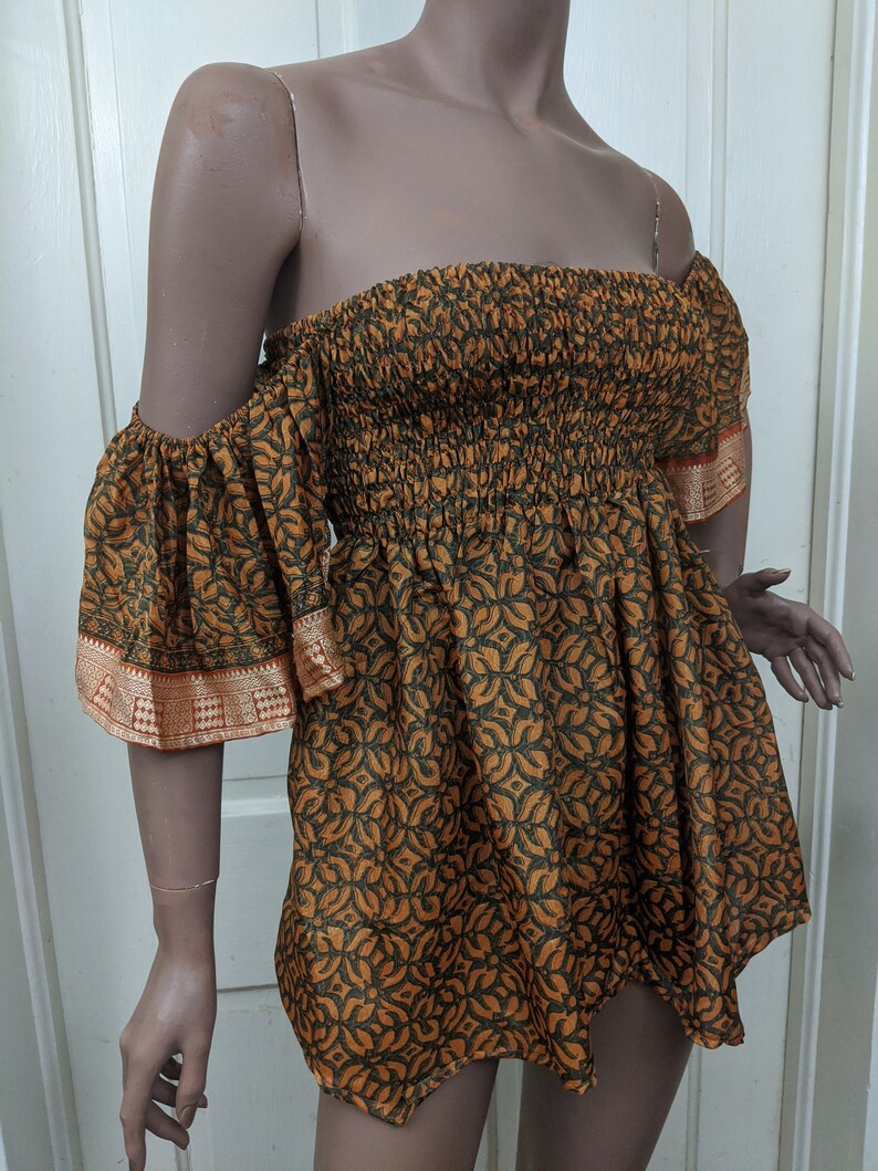 Boho Vintage Midnight Sun Ethnic Silk Blouse or Mini Dress. Puffy Sleeves Off the Shoulder
