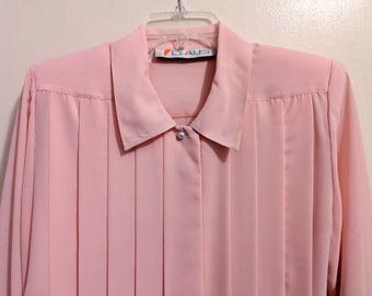 Vintage 80s, Chaus Pink Sheer Blouse, Pleated Front, Straight Hem Dressy Blouse. Career Blouse with Round Pearl Button at Neck and Cuffs.