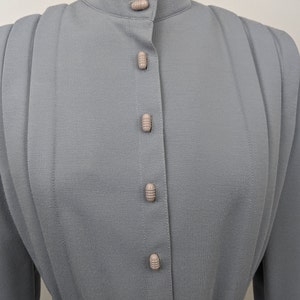 Vintage 1970s Leslie Fay Petites, Wool Blend Knit Jacket with Belt, Pale Steel Blue Gray. Mandarin Collar with Tuxedo Pleat Front & Back. image 9