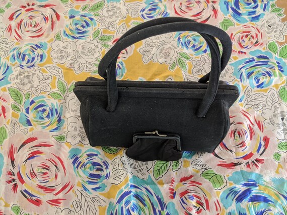 Vintage 1940s Virginia Art, Black Velvet Handbag with Two Fabric