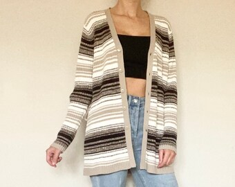 Vintage (M/L) Striped Ribbed Cardigan Sweater - Women’s Vintage Clothing - Women’s Vintage Sweater - Women’s Vintage Cardigan