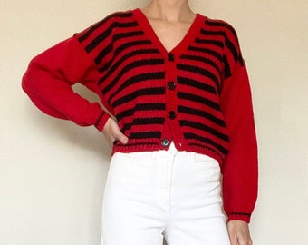 Vintage (S/M) 80s Red & Black Striped Long Sleeve Cardigan Sweater - Women’s Vintage Clothing - Women’s Vintage Sweater
