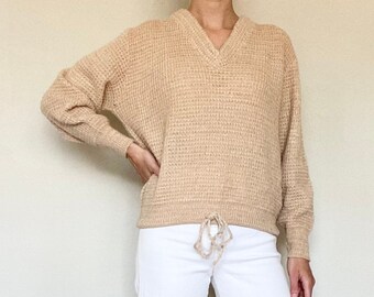 Vintage (M/L) V-Neck Tie Front Long Sleeve Sweater - Women’s Vintage Clothing - Women’s Vintage Sweater