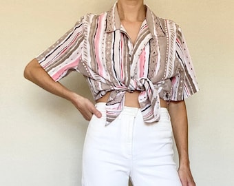 Vintage (L/XL) 80s/90s Stripe Print Button Up Short Sleeve Top - Women’s Vintage Clothing - Women’s Vintage Top