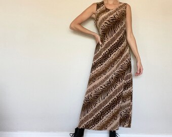 Vintage (S/M) 90s Animal Print Sleeveless Tie Back Maxi Dress – Leopard - Tiger - Cheetah – Women’s Vintage Clothing – Women’s Vintage Dress