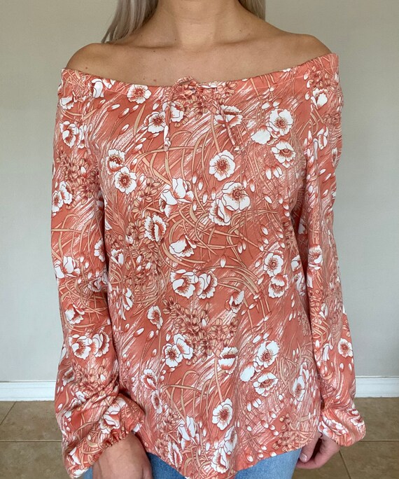 Vintage (S/M) 1970s Floral Print Off Shoulder Lon… - image 6