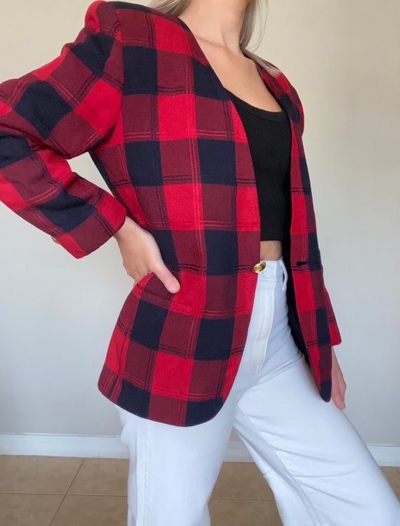 Vintage (M/L) 1990s Navy & Red Plaid Blazer - Wom… - image 4