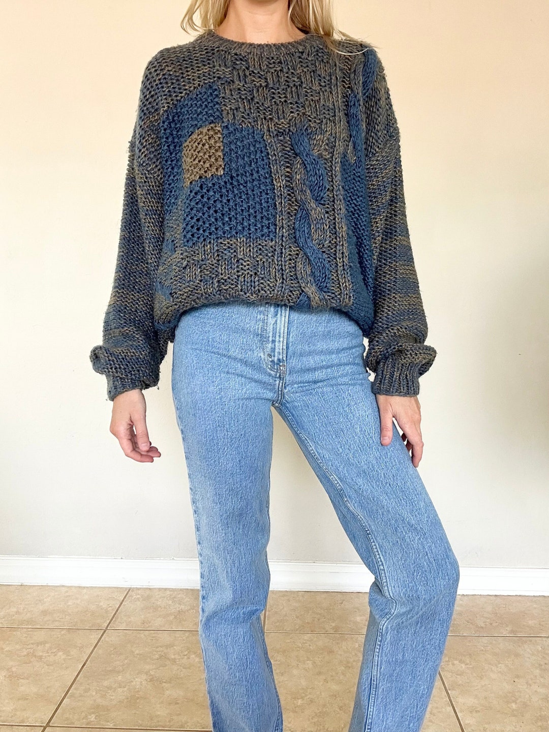 Vintage XL 70s Mixed Media Handmade Marled Knit Pullover Sweater Womens