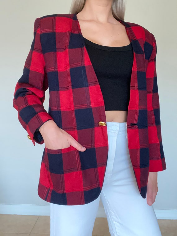 Vintage (M/L) 1990s Navy & Red Plaid Blazer - Wom… - image 3