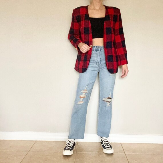 Vintage (M/L) 1990s Navy & Red Plaid Blazer - Wom… - image 1