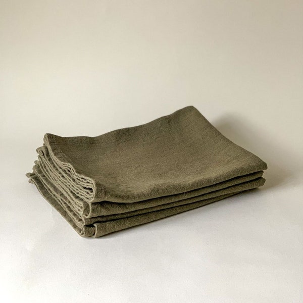 Linen Kitchen Dish Towels, Minimalist Style Home Textiles for Guest Bathroom, Moss Green, Soft Tea Towels with hanging loop, FREE SHIPPING