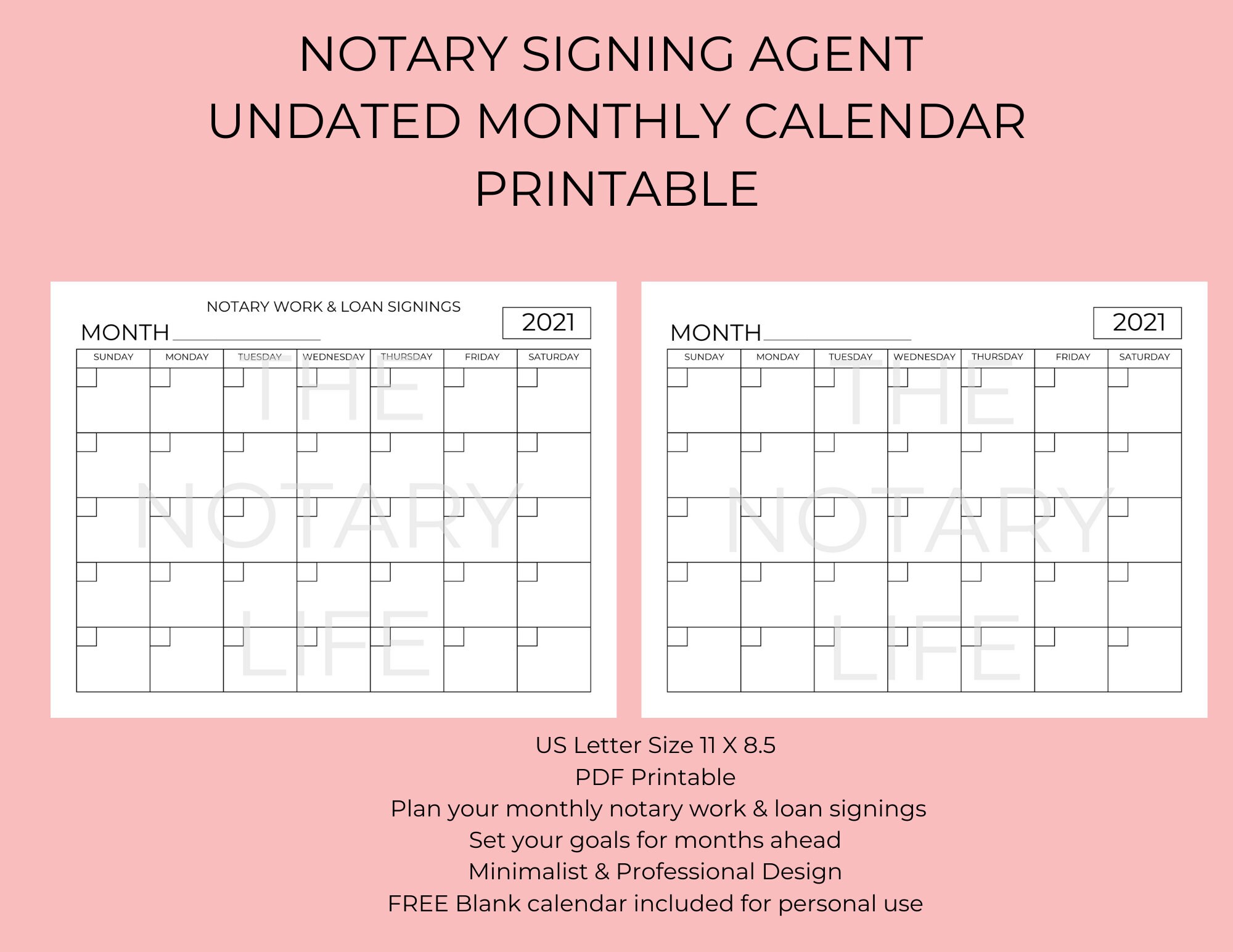 Notary Signing Agent Monthly Calendar Printable PDF Instant Etsy