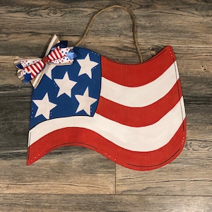 4th of July, Memorial Day, Red-White-Blue, Stars and Stripes, American Flag, Wood, Summer, Sign, Door Decor, Wooden Door Hanger